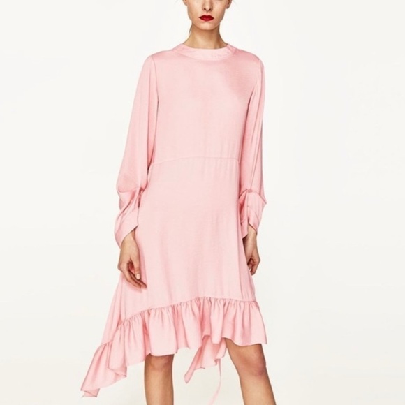 Zara Dresses & Skirts - Zara woman’s sz Large Frilled Pink Midi Dress Ruffled Hem Boho NWT